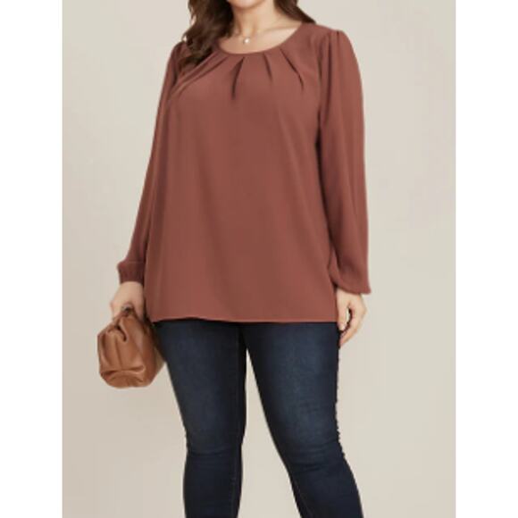 BLOOMCHIC 18-20 2X Plus Brown Round Neck Pleated Lantern Sleeve Blouse NWT B60 - Picture 1 of 8